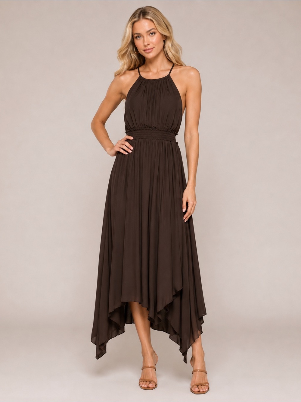 Calypso St. Barth Sarah Asymmetric Halter Maxi Dress Brown Large 6074